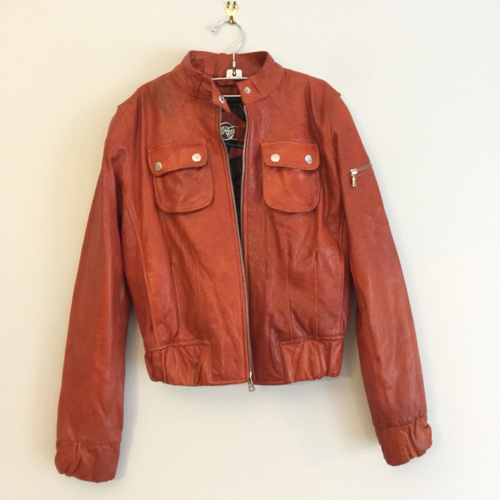 Orange Brown Cognac Leather Jacket XS-XXS